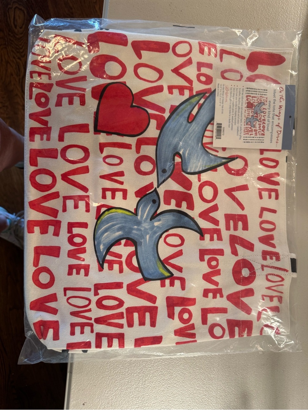 Love Print Tote with Blue Birds